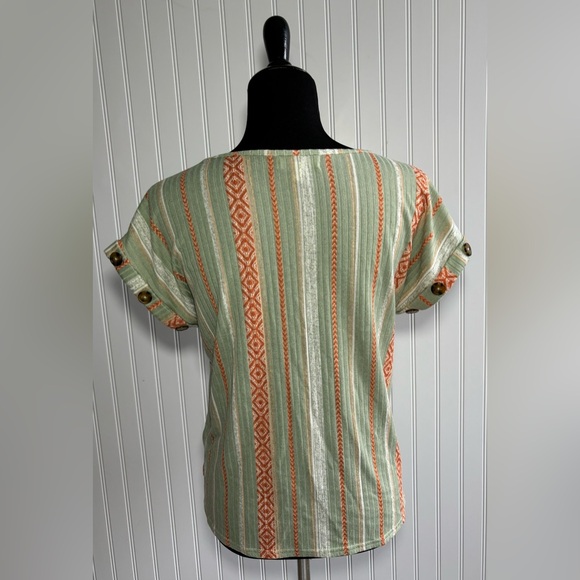 Anneliese Boho Stripe Knit Top Short Sleeve Shirt Women’s Size Small Green - Picture 6 of 15